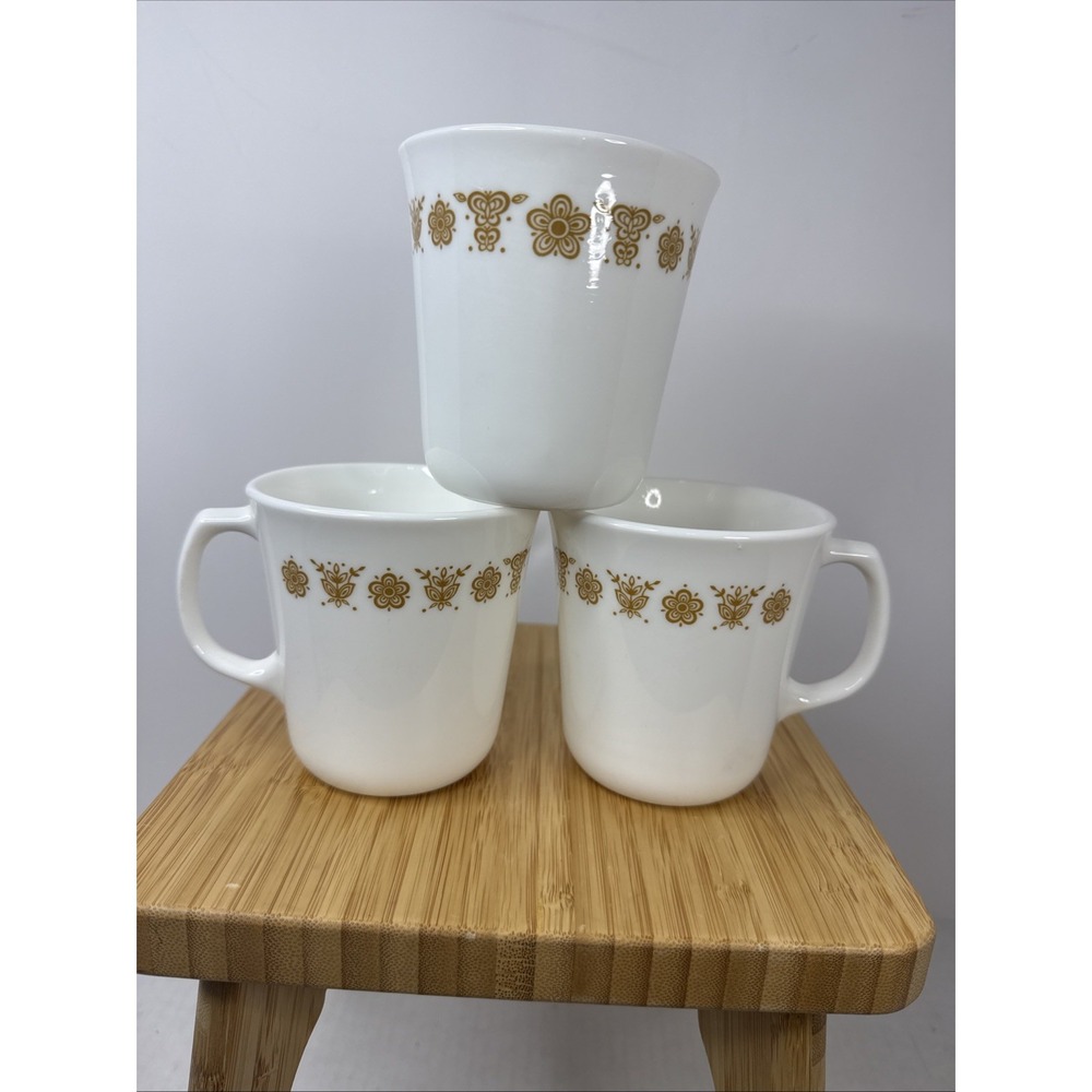 Vintage Corelle by Corning Coffee Mugs Cups Butterfly Gold Pattern USA Set of 3